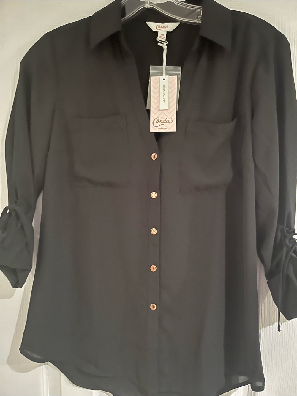 Candie's Black Long-Sleeve Button-Front Shirt with Chest Pockets